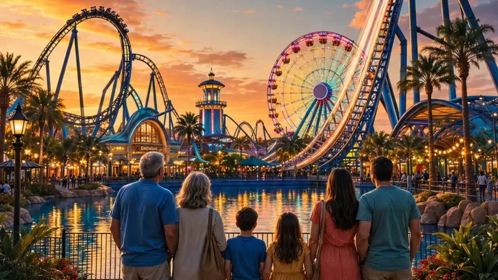 Editorial Orlando theme-park guide cover showing roller coasters, a family, palm trees and a lagoon at twilight.