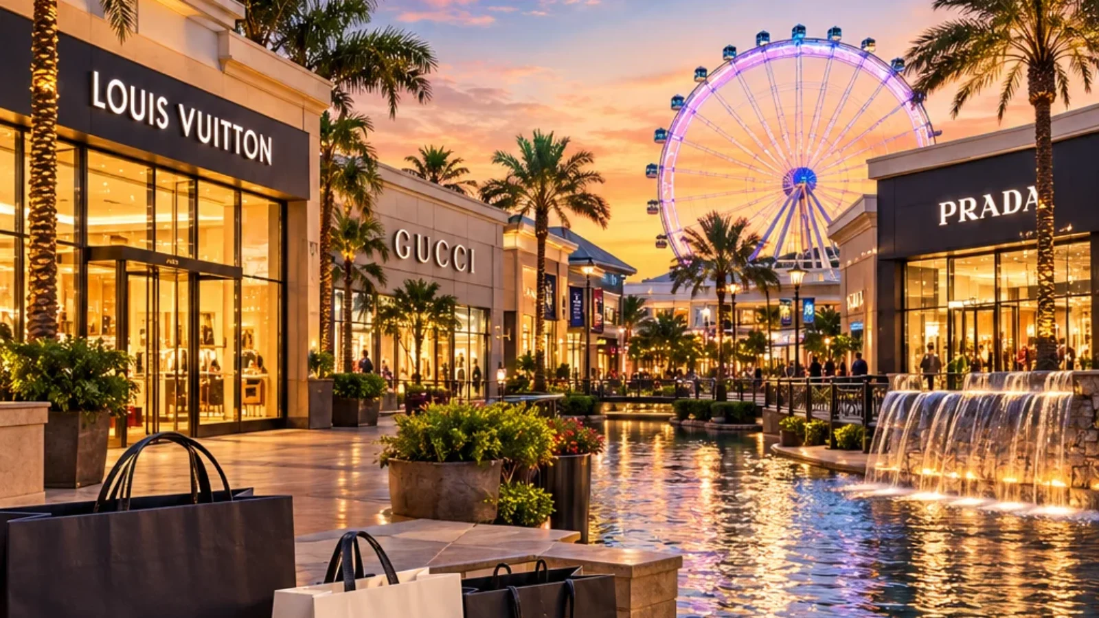 Editorial Orlando shopping guide cover with palm-lined luxury retail architecture at dusk