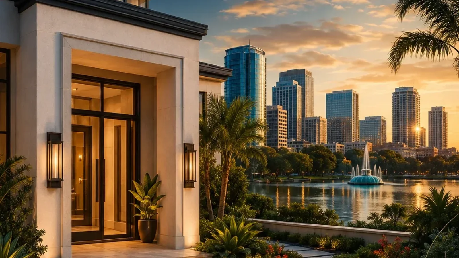Best Orlando Real Estate Agencies editorial cover with a modern Orlando home, Lake Eola and the downtown skyline