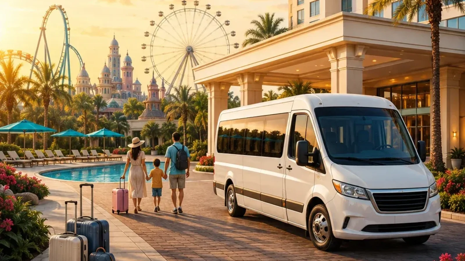 Editorial travel-poster cover showing an Orlando hotel, pool, family luggage and park shuttle near major attractions.