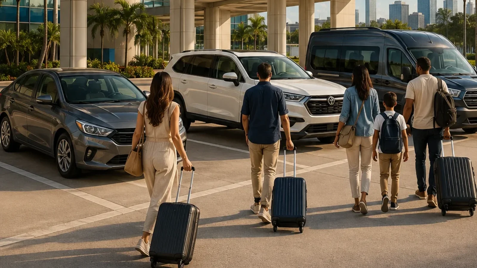 Travelers with luggage approaching rental cars outside Orlando International Airport beneath the title Best Orlando Airport Car Rentals.
