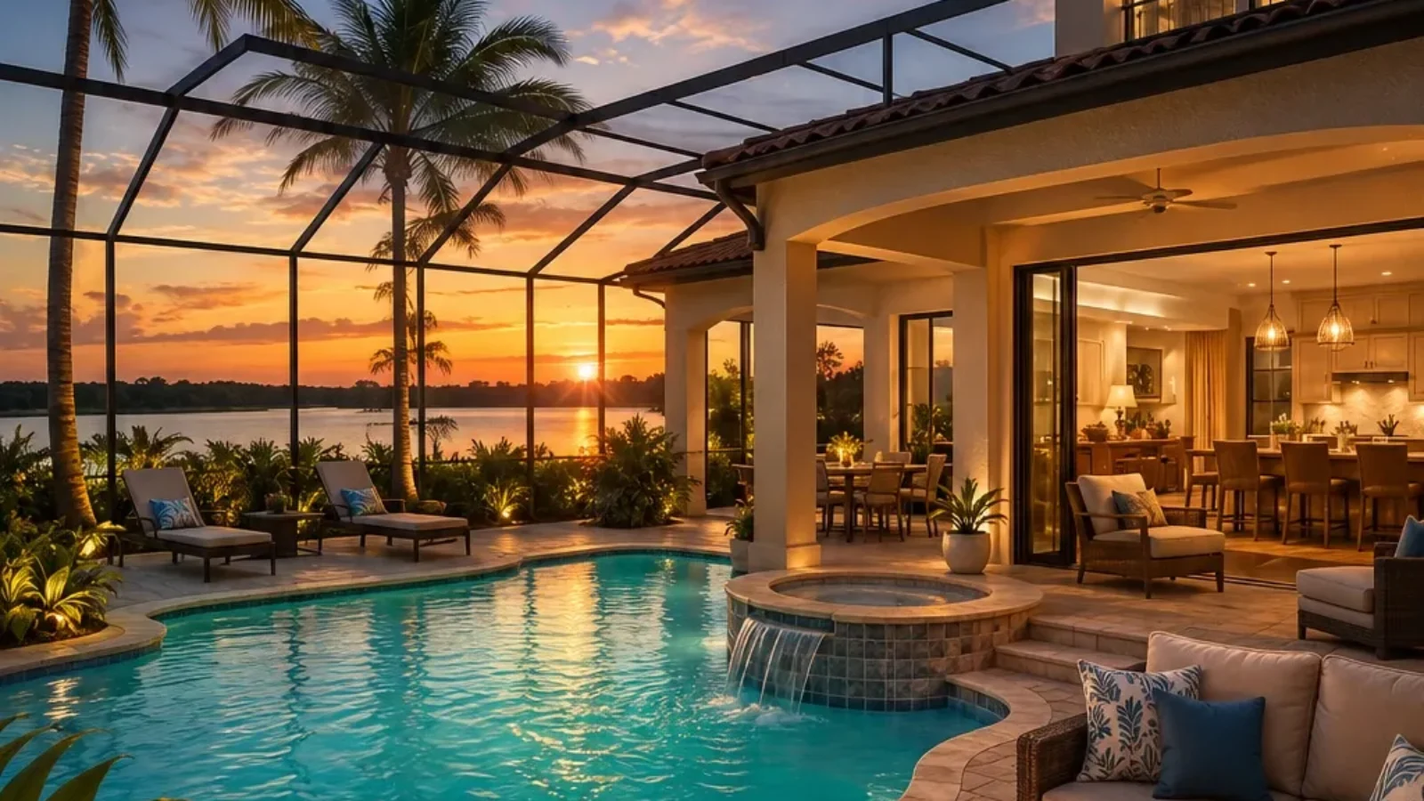 TopRatedPlaces.ai editorial cover for Best Orlando Vacation Rentals, showing a luxury Orlando-area villa with a screened private pool at sunset.