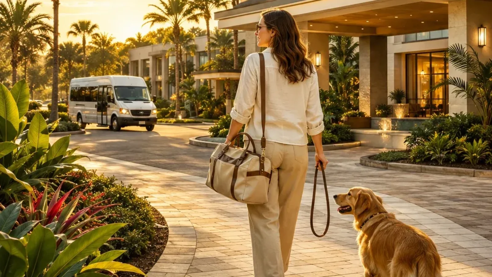 Traveller walking a dog outside a palm-lined pet-friendly Orlando hotel