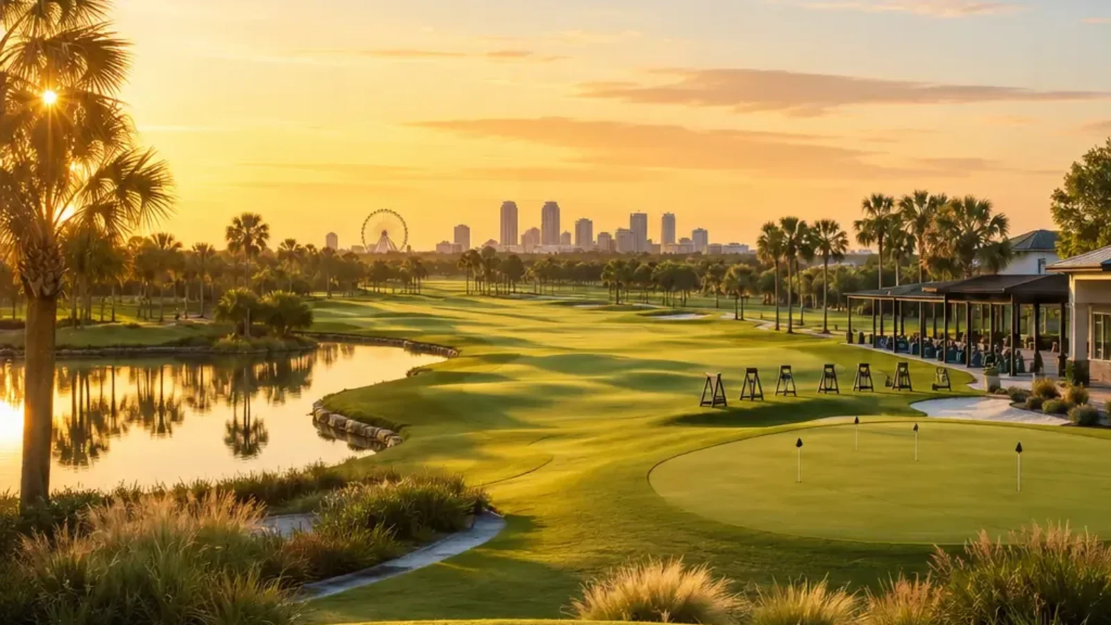 Beginner-friendly Orlando golf course at sunrise with a wide fairway, practice green and palm trees