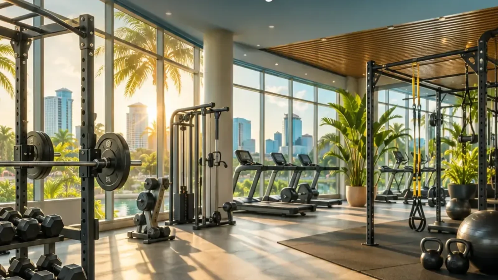 Modern Orlando fitness centre with strength and cardio equipment in warm Florida light