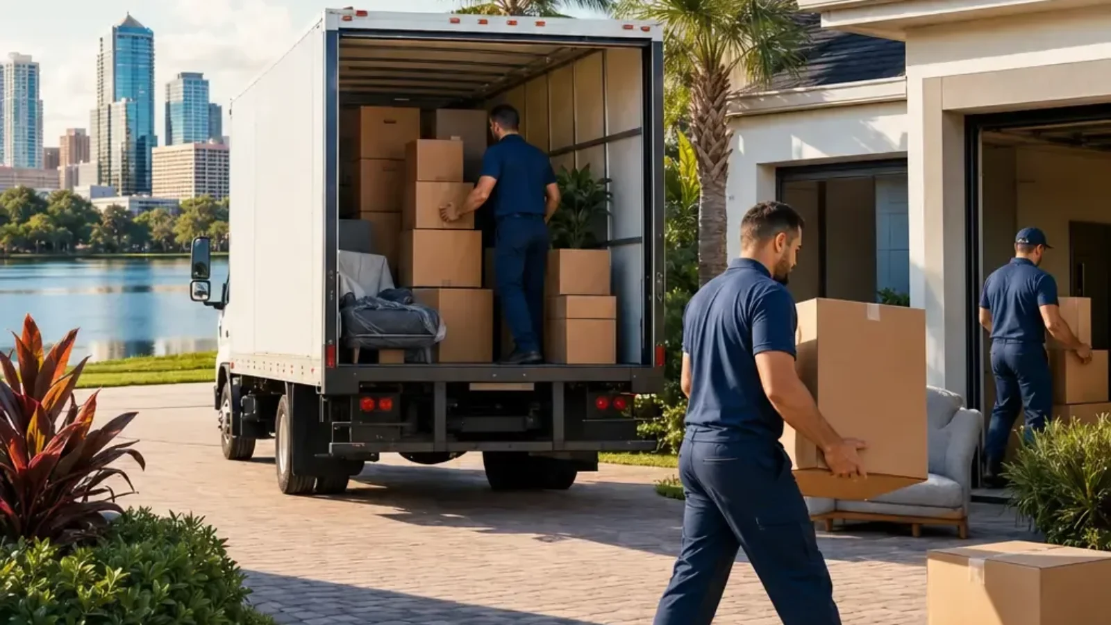 Professional movers loading boxes into a moving truck outside an Orlando home, with the Orlando skyline in the background.