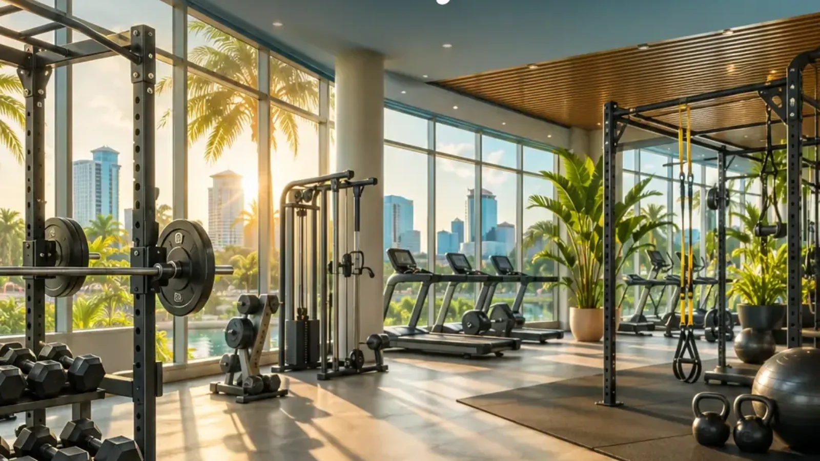 Modern Orlando fitness centre with strength and cardio equipment in warm Florida light