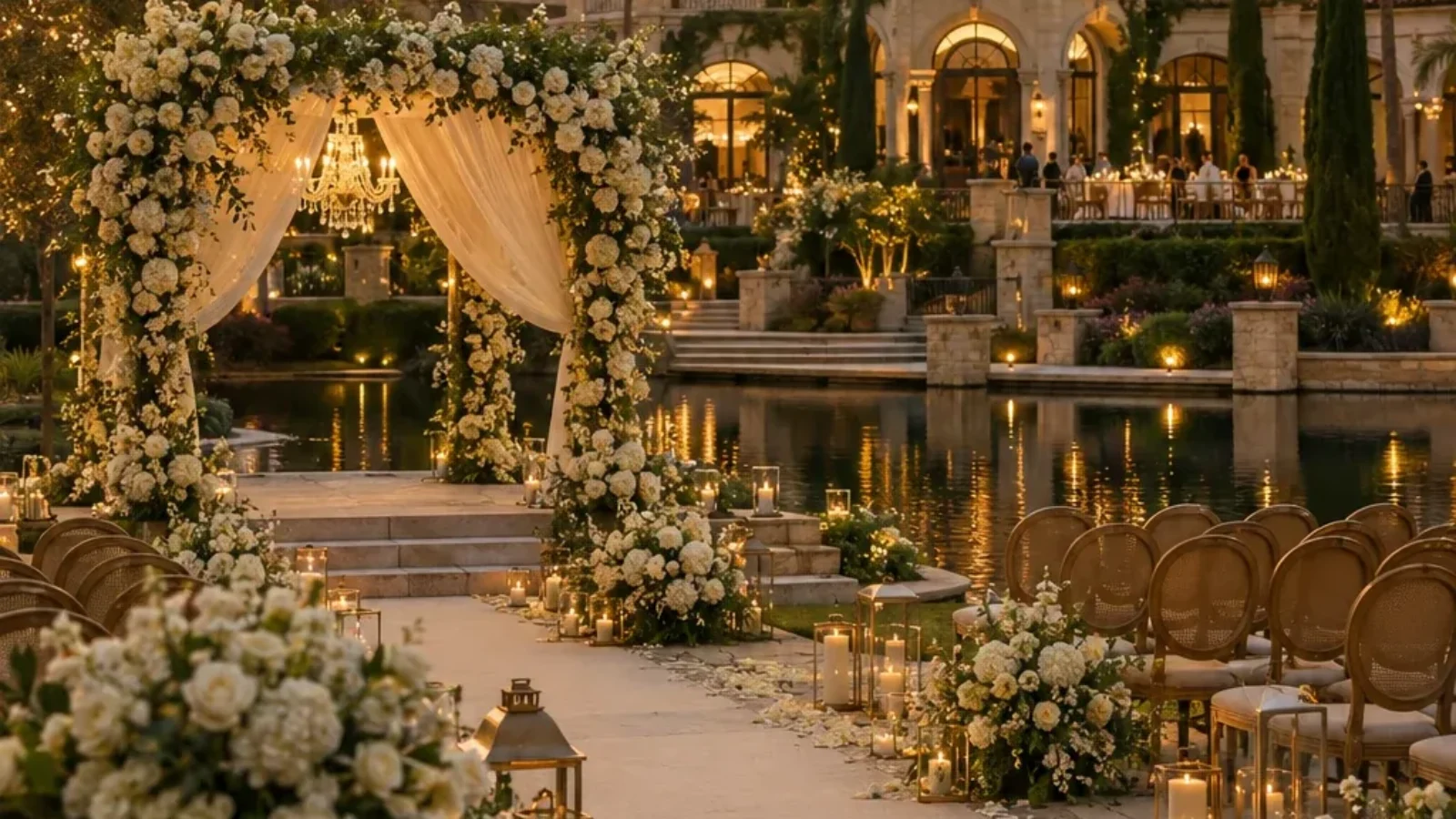 Elegant outdoor wedding ceremony beside water at sunset with floral arch and Orlando-style resort architecture