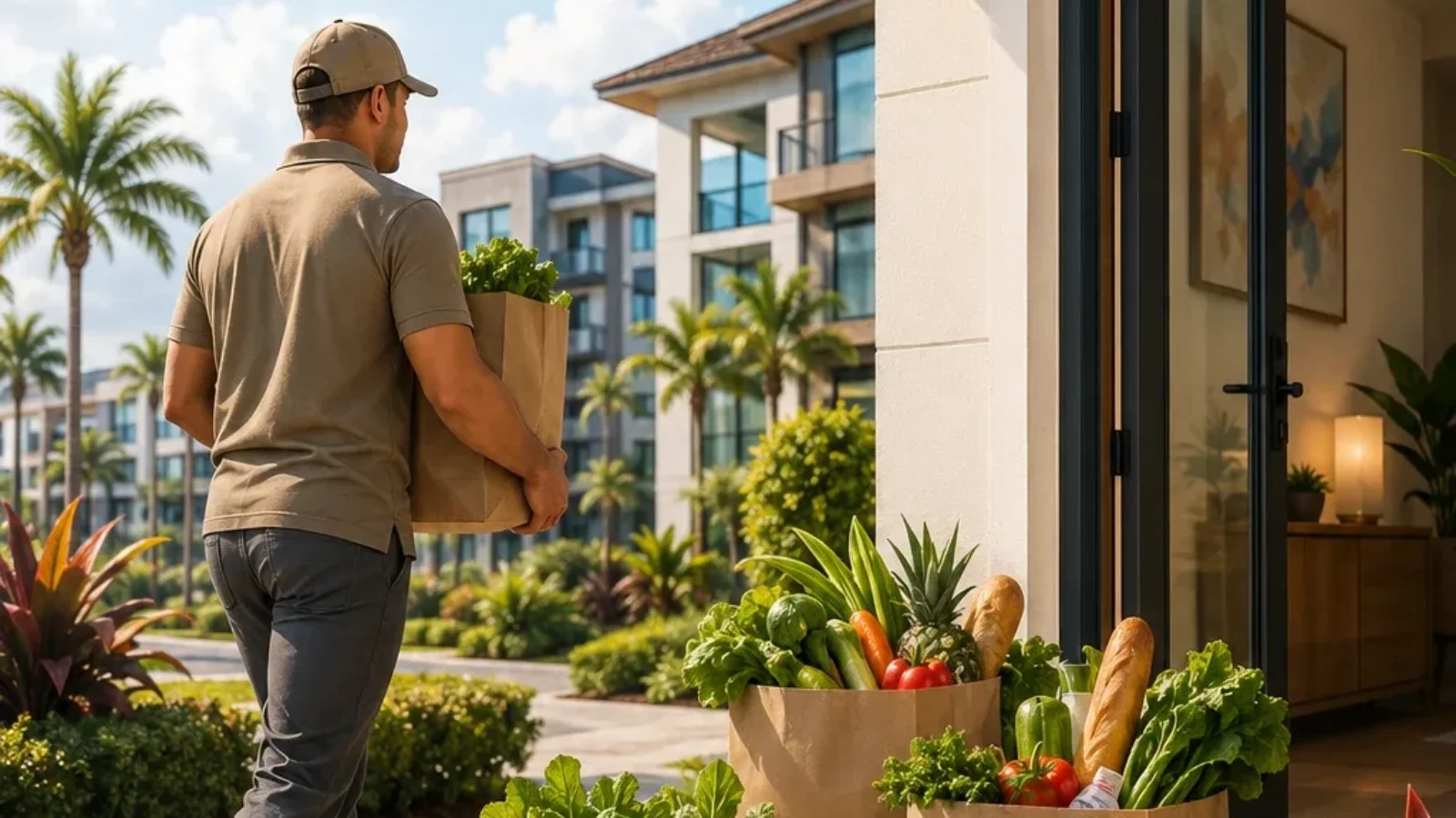 Grocery delivery arriving at a sunny Orlando home with fresh produce and household groceries