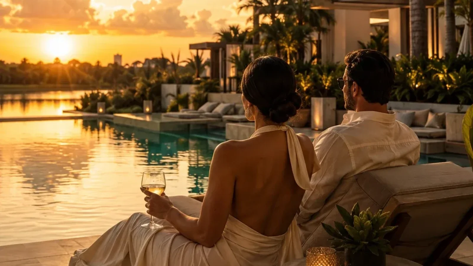 Adult couple relaxing beside a luxury Orlando resort pool at sunset beneath palm trees