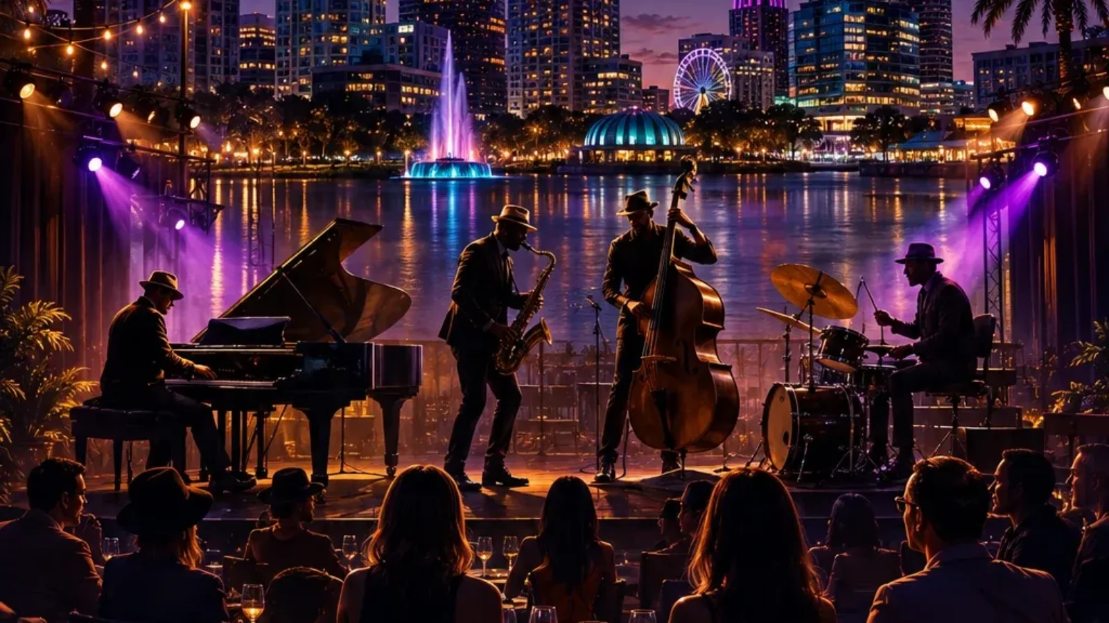 Illustrated Orlando skyline at night with a live jazz performance for the Best Live Music and Nightlife Venues in Orlando guide.