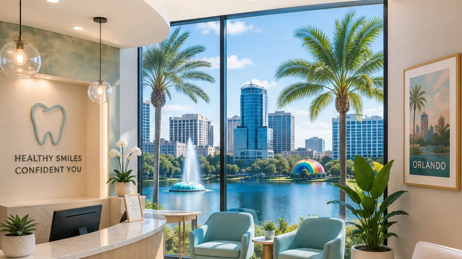 Premium editorial cover for Best Dentists in Orlando showing a modern dental reception space with Orlando skyline cues