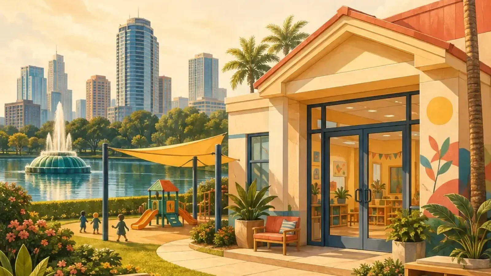 Editorial illustration of an Orlando childcare center with palm trees, skyline, outdoor play area, books and learning materials.