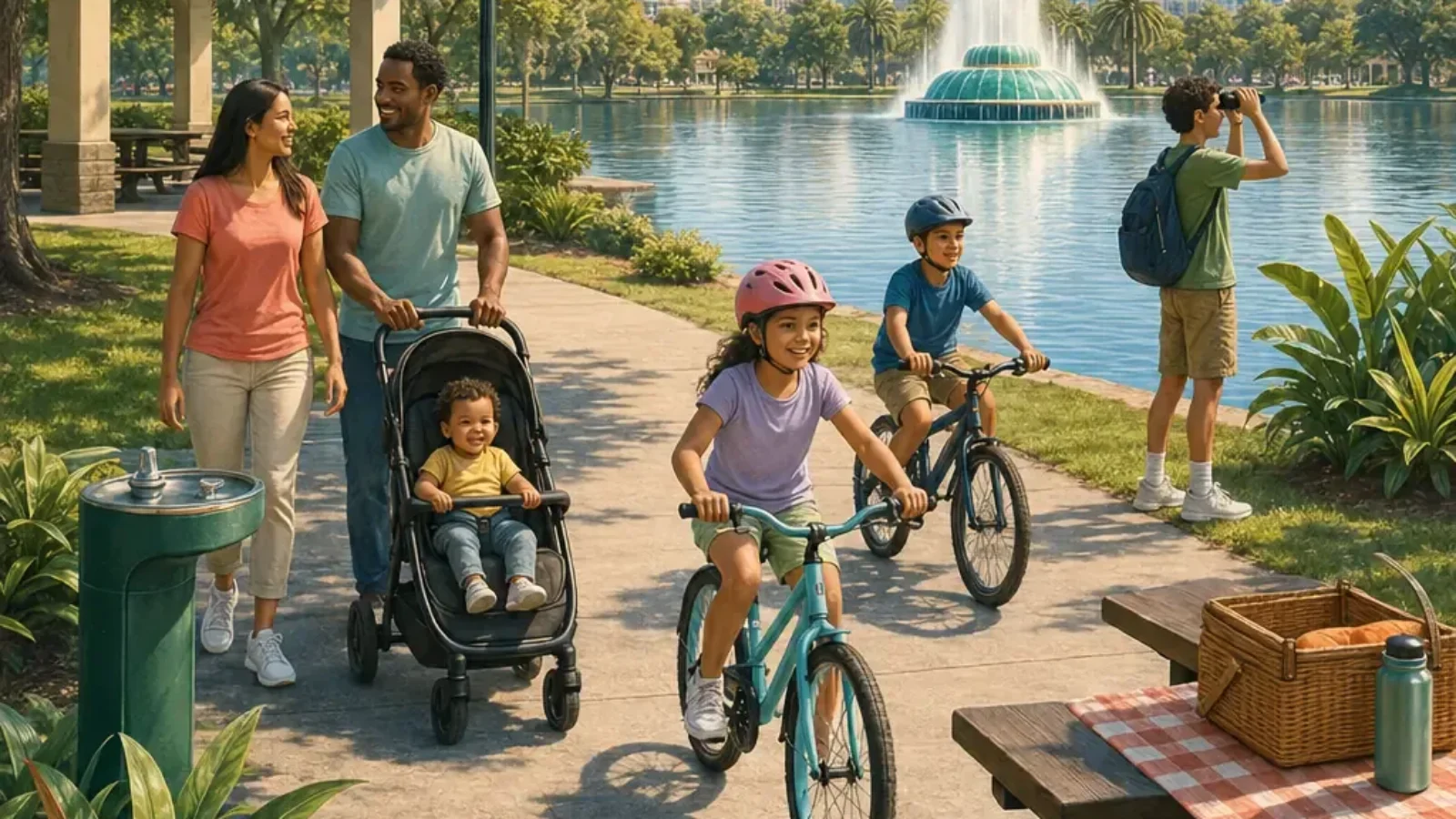 Family enjoying affordable outdoor activities beside Lake Eola in Orlando