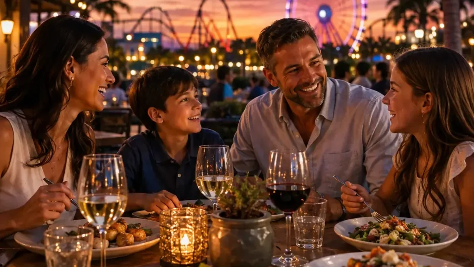Family dining near Orlando's major attractions at sunset