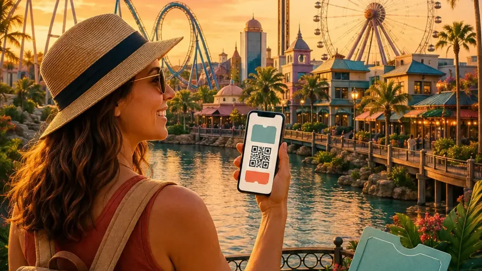 Discounted Orlando attraction tickets editorial cover with traveler, theme-park skyline and digital ticket