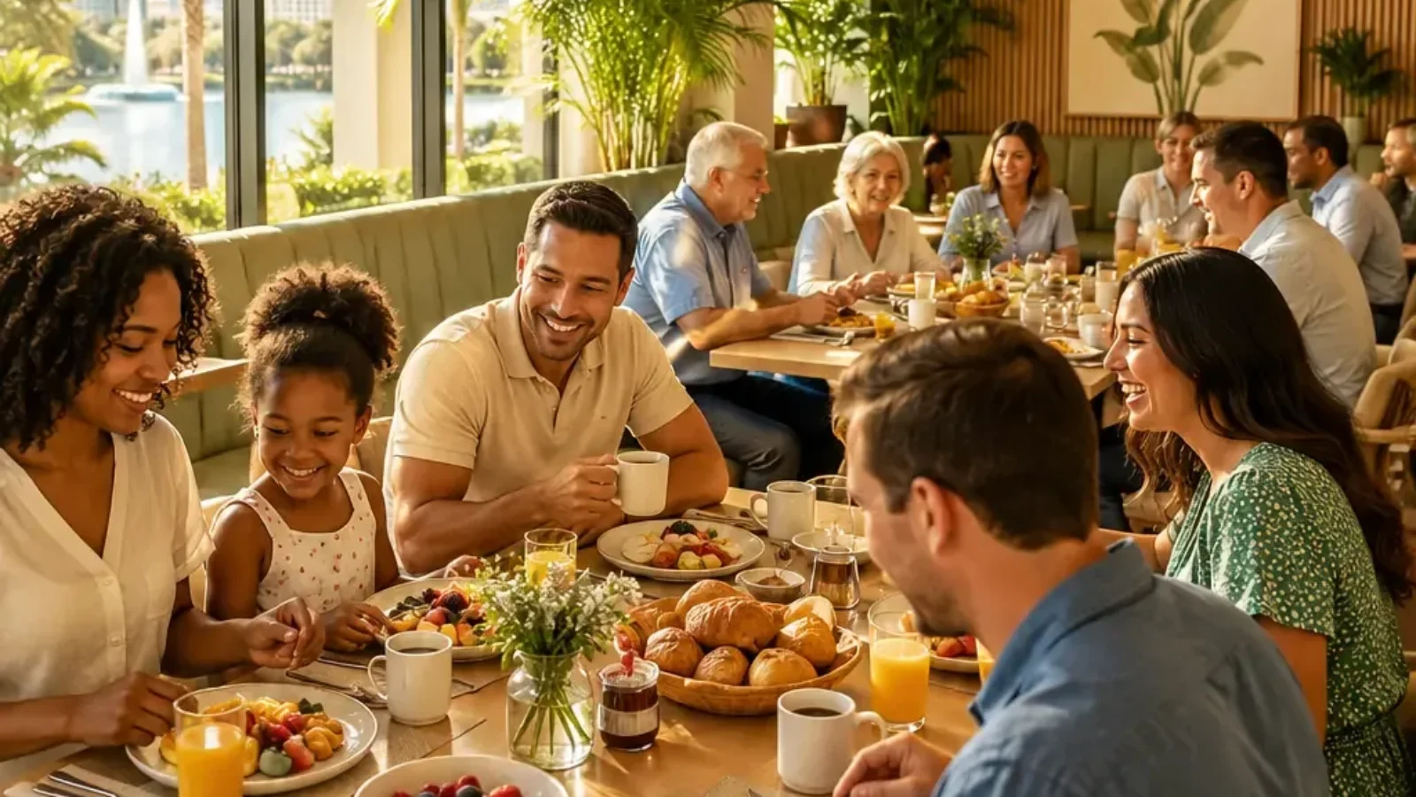 Best Orlando breakfast restaurants for large groups editorial cover showing a large group enjoying breakfast in a bright Orlando dining room.