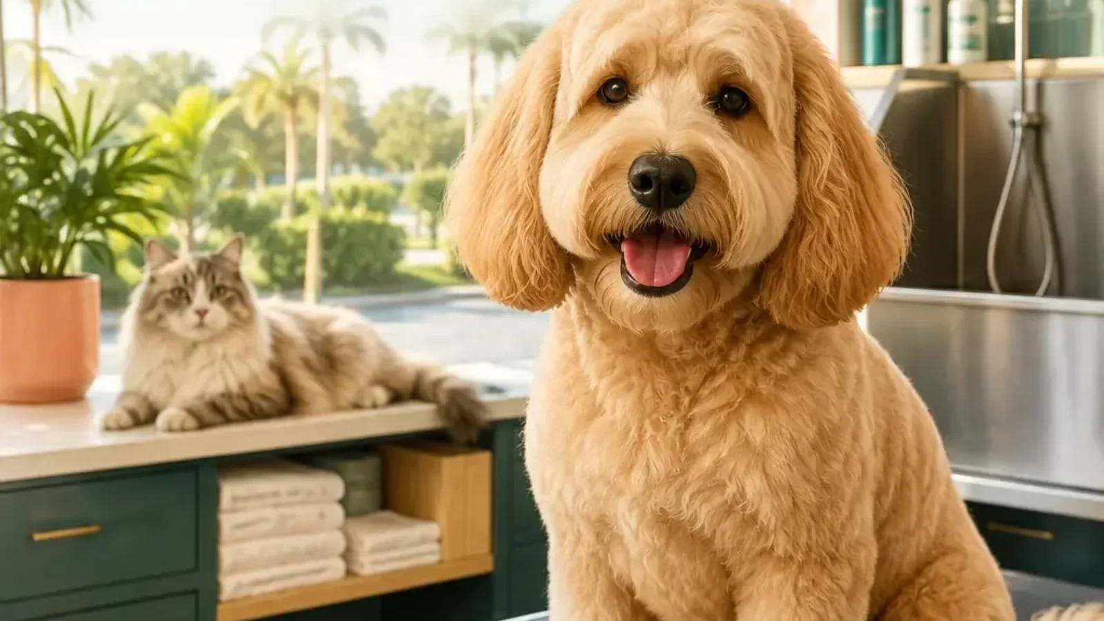 Best pet grooming services in Orlando editorial cover with a groomed dog, cat and grooming tools