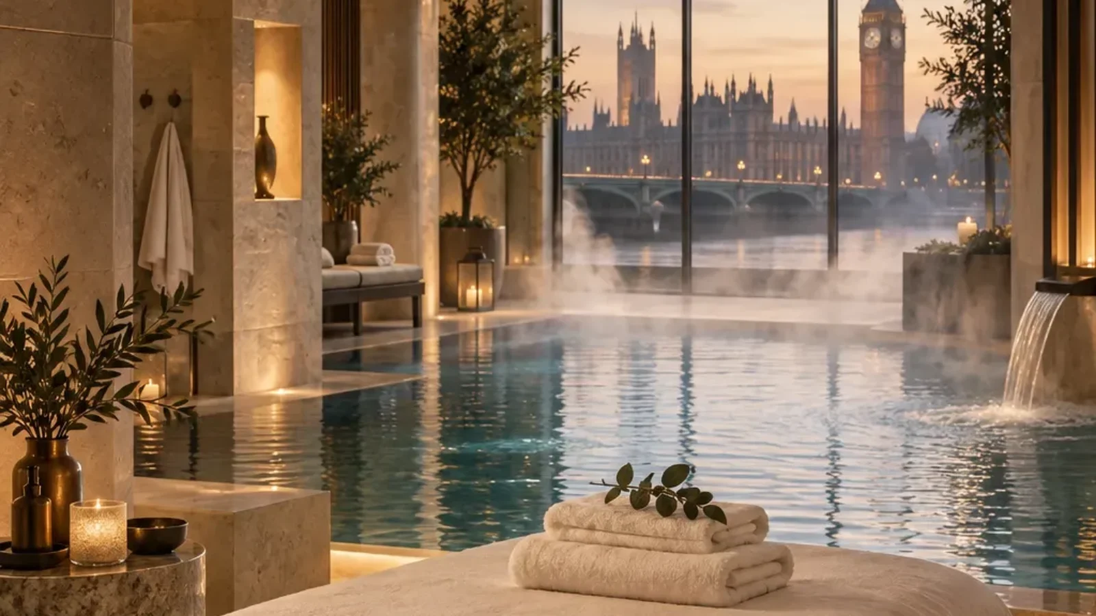 Luxury London spa interior with massage table, pool and Westminster skyline, for the TopRatedPlaces.ai guide to London spas.