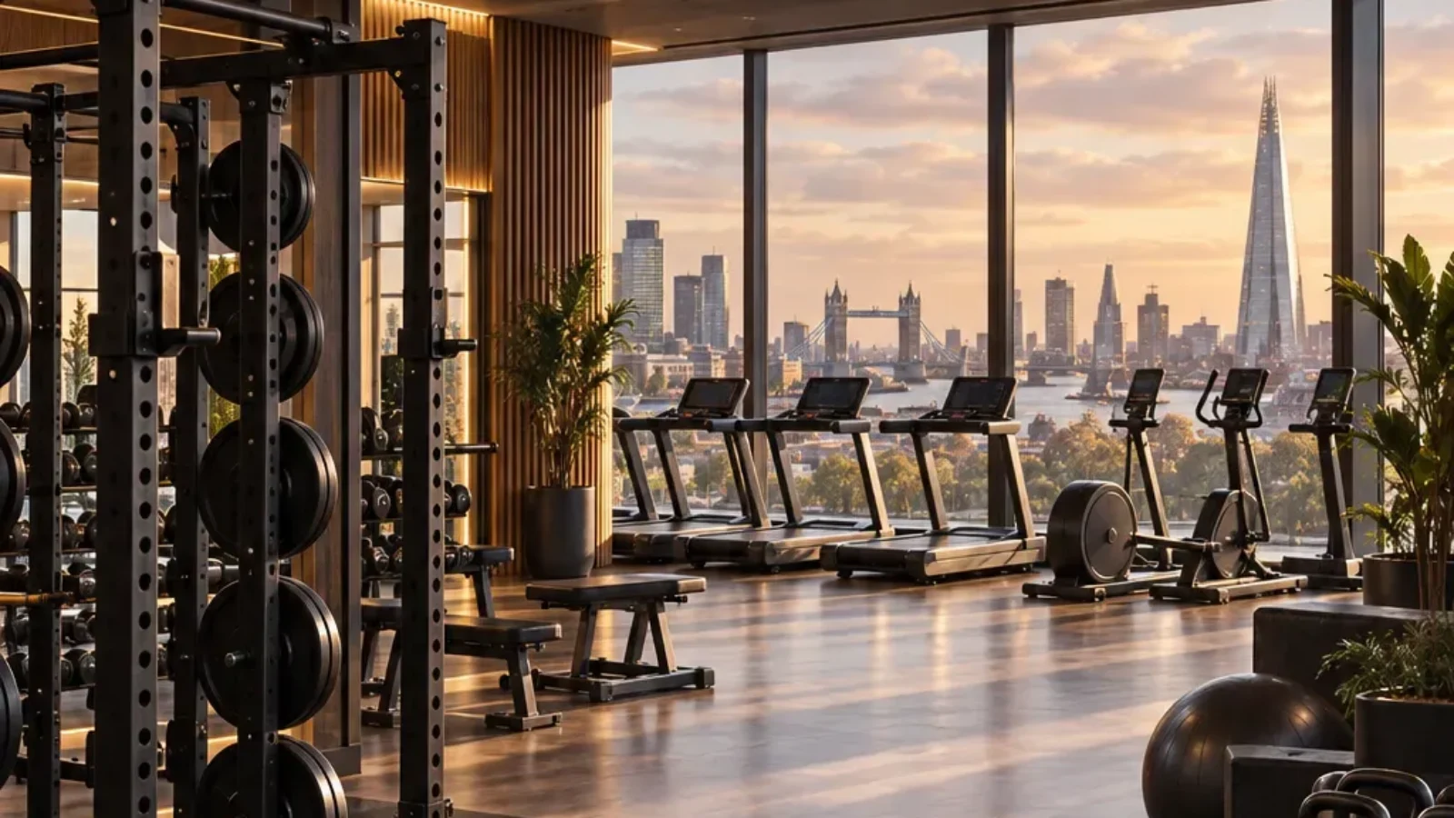 Premium London gym interior with strength and cardio equipment and London skyline, for the TopRatedPlaces.ai guide to gyms with day passes and flexible memberships