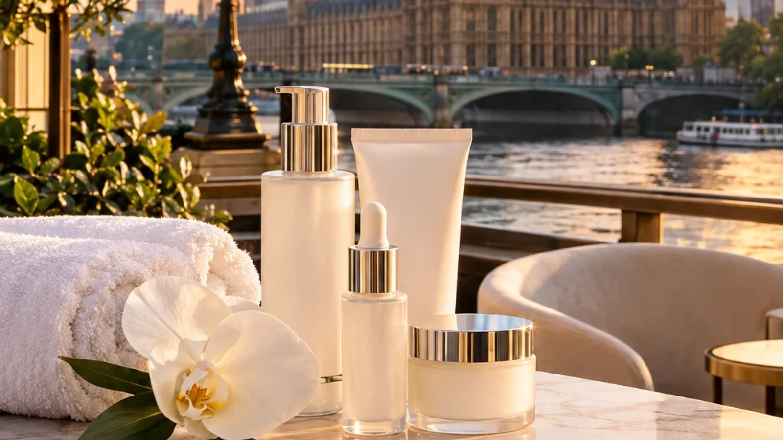 Editorial TopRatedPlaces.ai cover for Best Skincare Clinics in London with London skyline and skincare still life