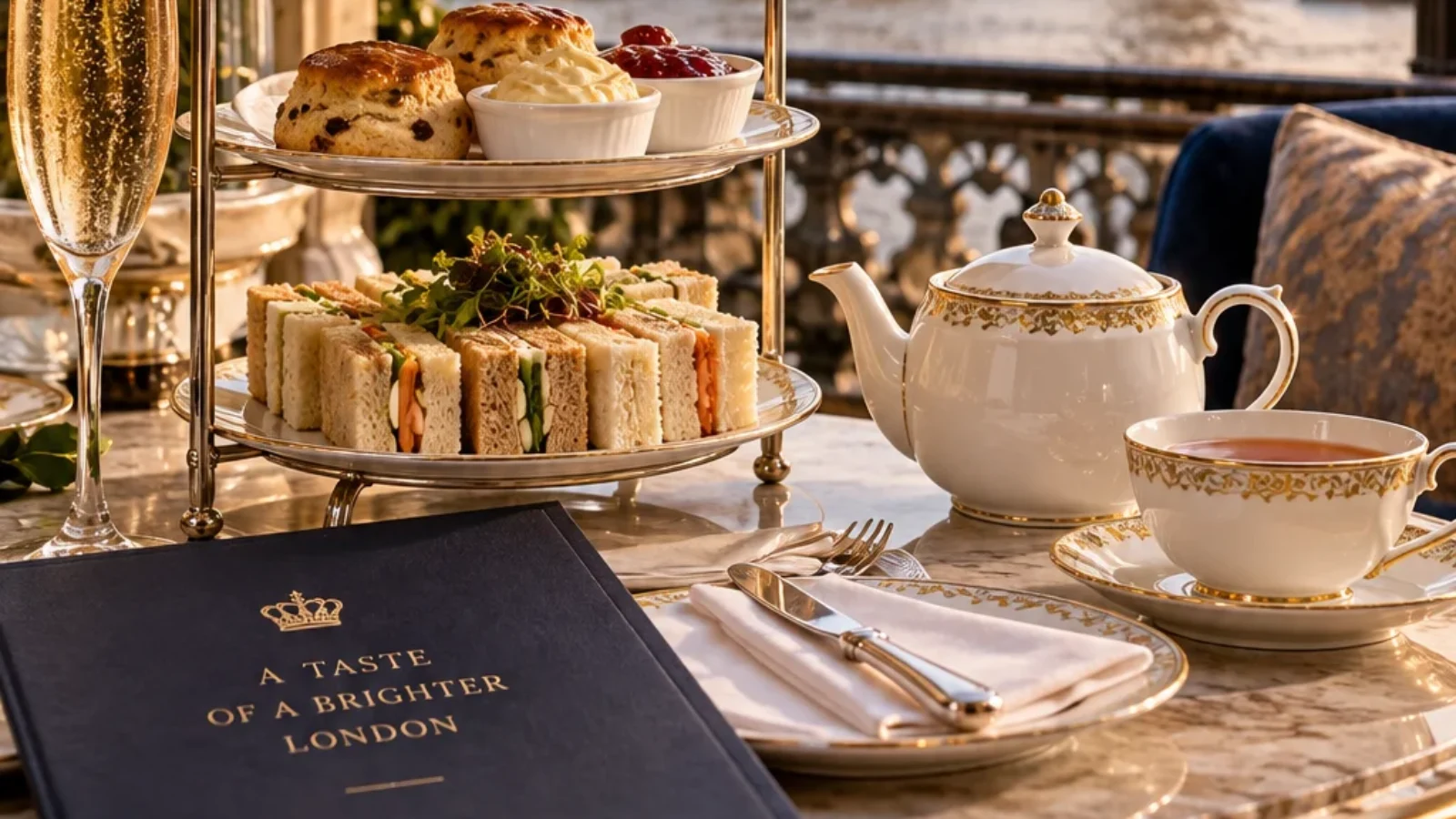 Elegant London afternoon tea setting with tiered sandwiches, scones, pastries, fine china and the Houses of Parliament in the background