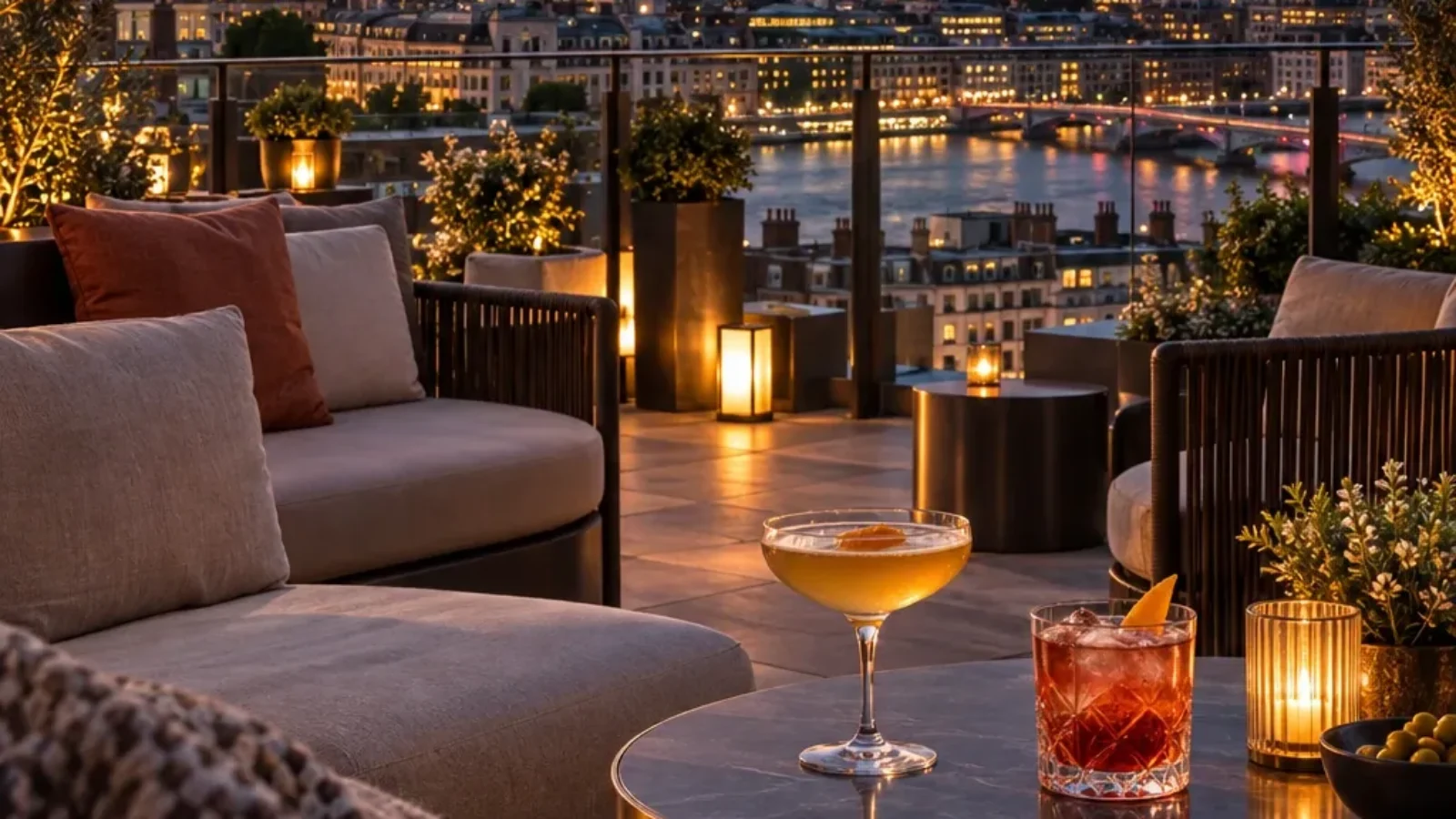 Best Rooftop Bars in London guide cover with London skyline and rooftop cocktails