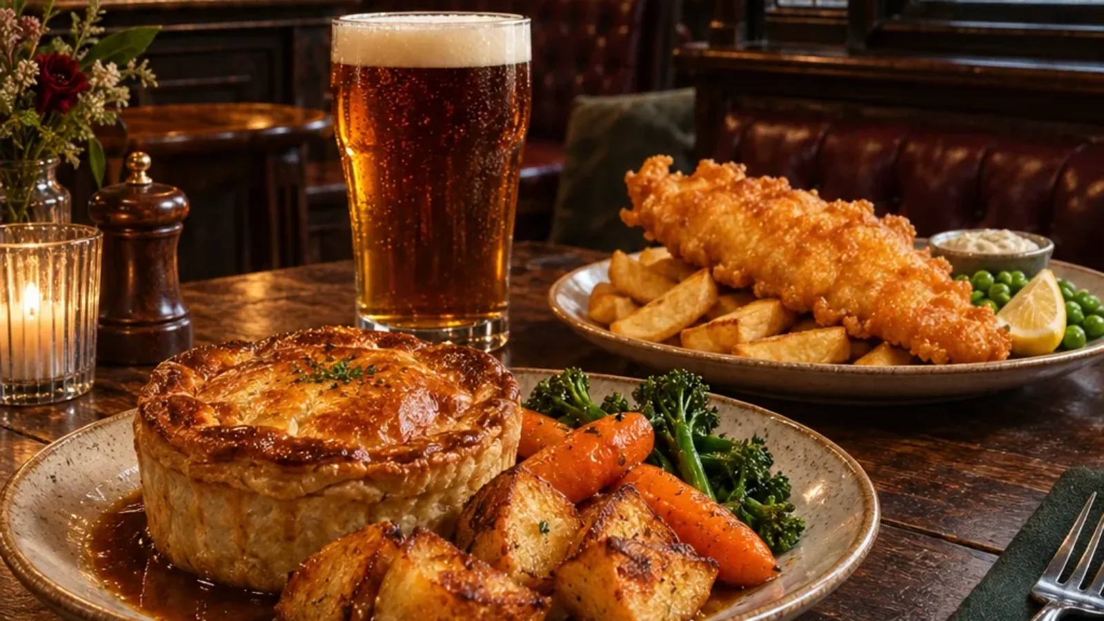 Warm London pub interior with a pint, pie, roast potatoes and fish and chips for a guide to traditional British pub food
