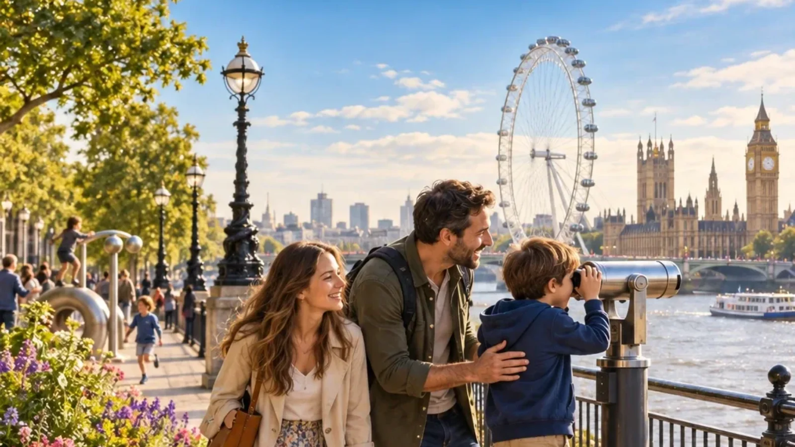 Family exploring London's South Bank with the London Eye and Westminster skyline, for TopRatedPlaces.ai family attractions guide
