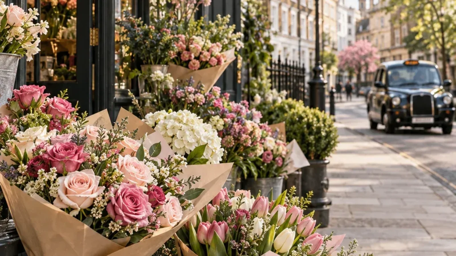 TopRatedPlaces.ai cover for Best London Florists for Same-Day Flower Delivery showing bouquets outside a London florist