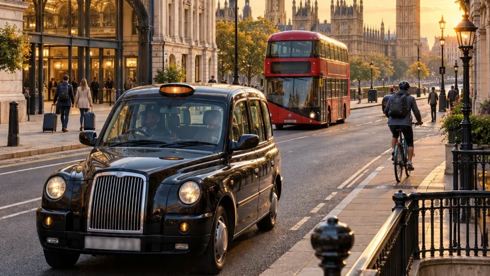 Best ways to get around London for visitors, with a black cab, London bus, cyclist and central London landmarks