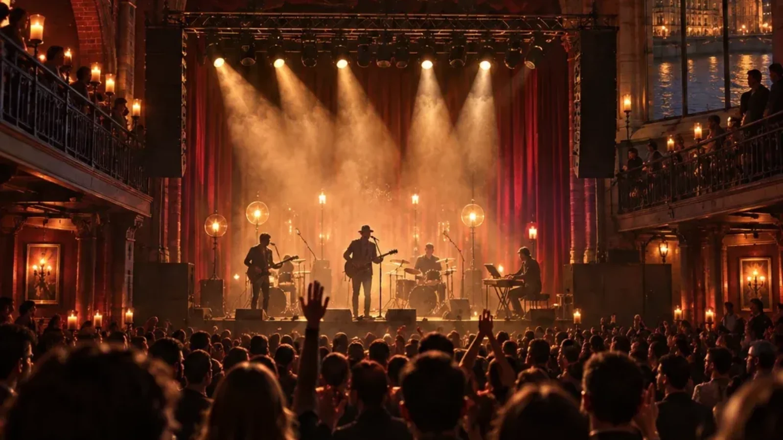 Best Live Music Venues in London editorial cover with a concert stage, audience and London skyline