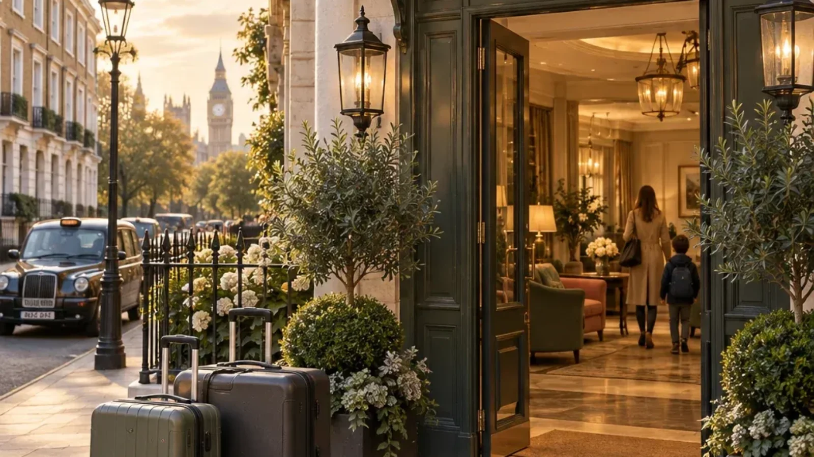 Family luggage outside a London hotel with Big Ben in the background