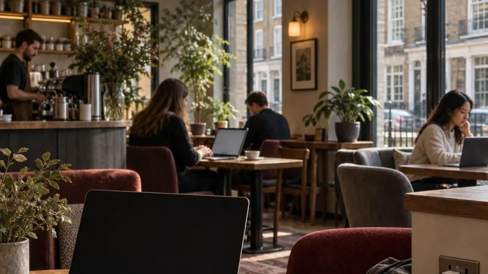 Laptop, coffee and notebook in a London café with people working at tables.