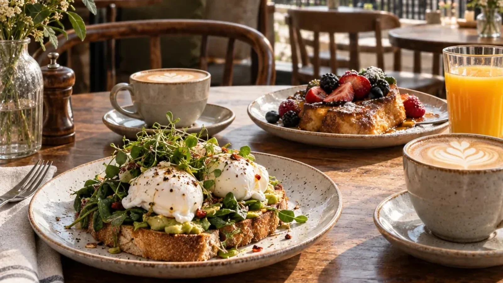 TopRatedPlaces.ai Best Brunch Spots in London editorial cover showing a sunny London brunch table with coffee, poached eggs, toast and French toast.