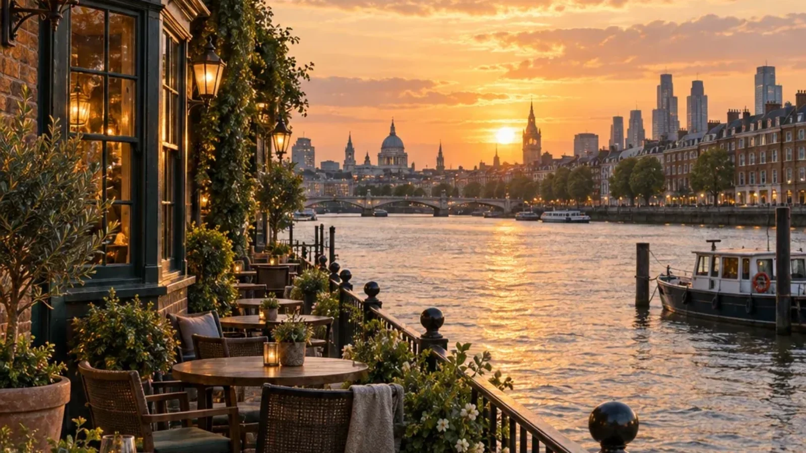 Best Riverside Pubs in London editorial guide cover with a Thames-side pub terrace at sunset