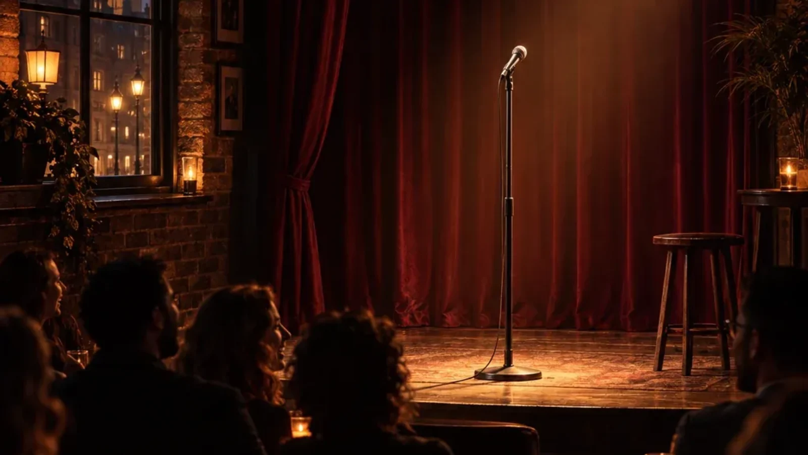Warmly lit London comedy club stage with microphone, red curtains and an audience, with Big Ben visible through a window.