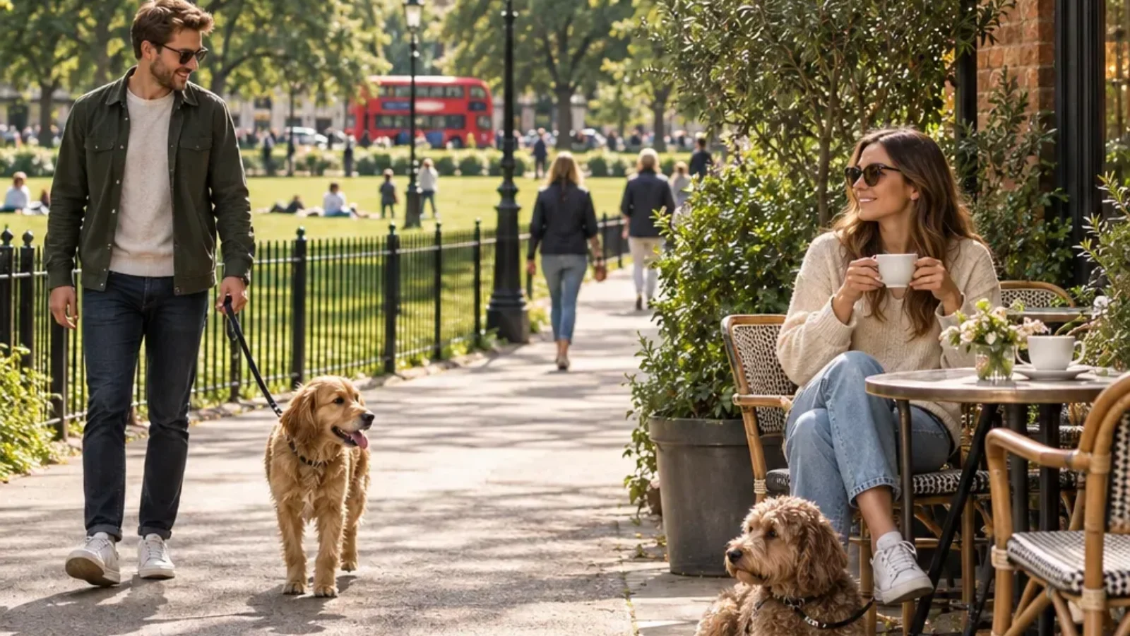 Dog-friendly London park path beside a café terrace, with two dogs and their owners