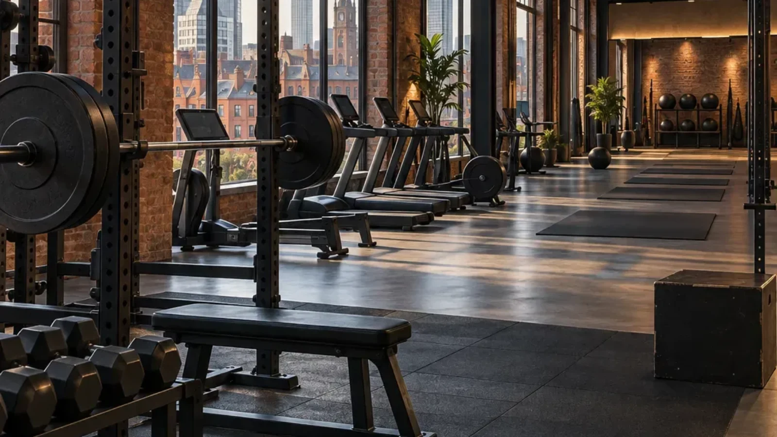 Editorial cover showing a modern Manchester gym with strength and cardio equipment in a red-brick industrial interior.