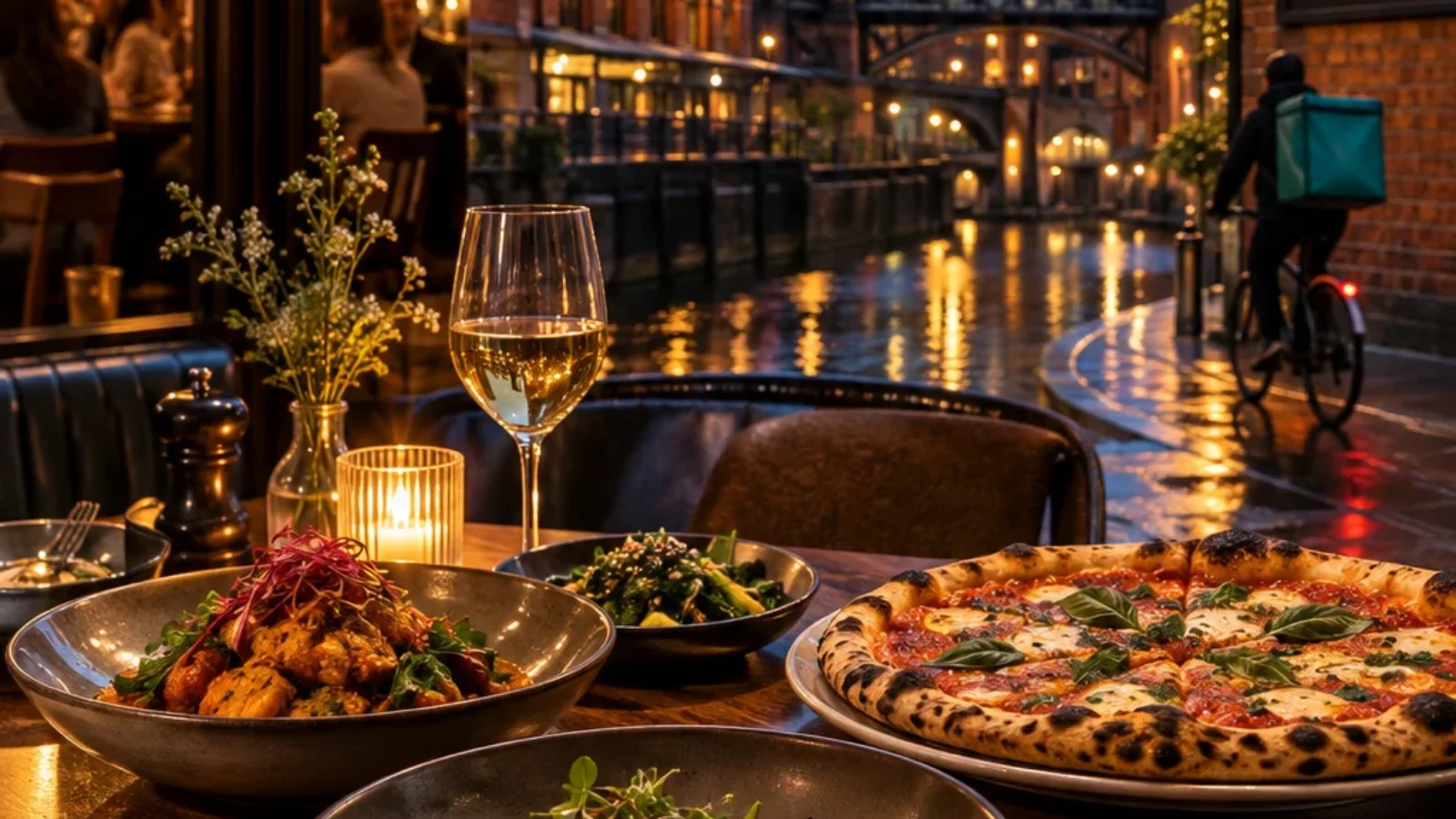 Best restaurants in Manchester for dining in and delivery, illustrated as an editorial Manchester restaurant scene