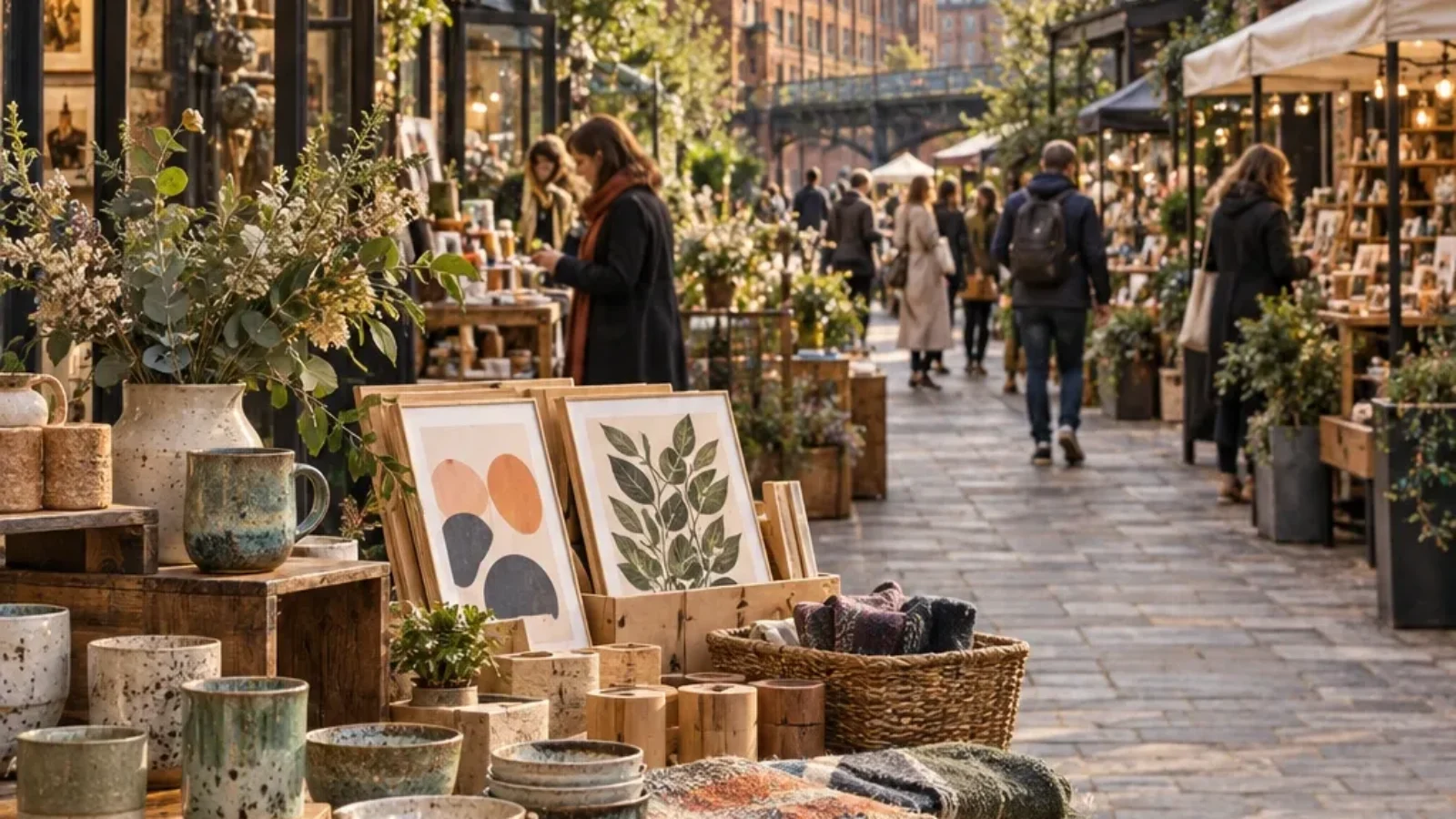 Manchester independent shopping and local crafts editorial guide cover with market stalls and red-brick city architecture